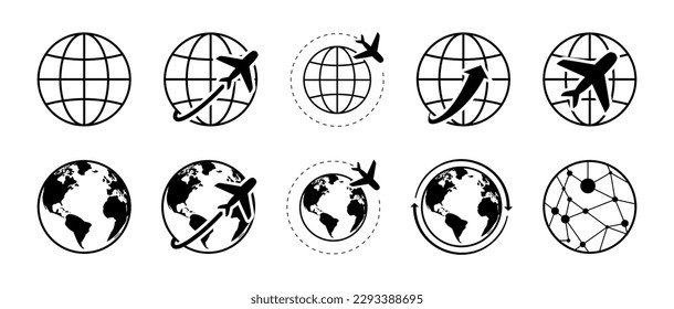 Globe and planet with airplane travel. Logistics, travel signs