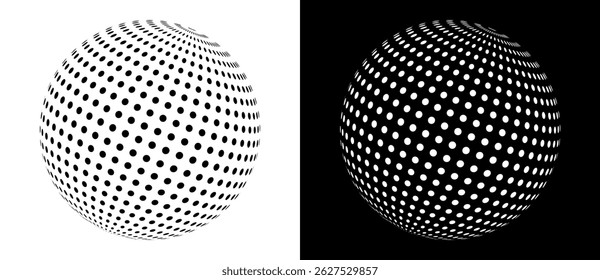 Conceito de planeta globo com pontos. Design de arte como ícone ou logotipo. Forma preta em um plano de fundo branco e a mesma forma branca no lado preto.