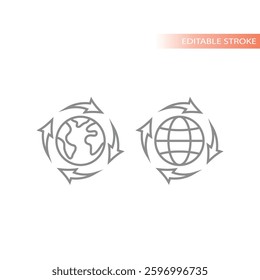 Globe, planet Earth with arrows loop line icon. Renewable, sustainable environment resources and climate care.