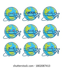globe planet earth cartoons wearing protective face mask for world tourism day isolated on white background