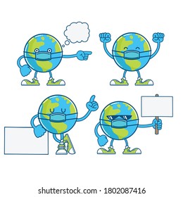globe planet earth cartoons wearing protective face mask for world tourism day isolated on white background