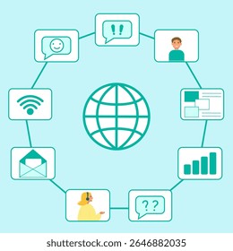 globo, planeta terra no centro, fundo azul, balões de fala ao redor, personagem cara, personagem menina em fones de ouvido, comunicação on-line, online, wi-fi, wlan