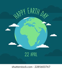 Globe of the planet Earth with clouds around on a dark blue background. Happy Earth Day greeting card. Flat vector illustration