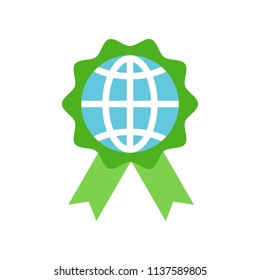 Globe or planet earth icon on green badge flat design
