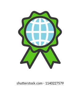 Globe or planet earth icon on green badge filled line flat design