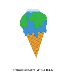 globe planet earth melting ice cream cone vector illustration