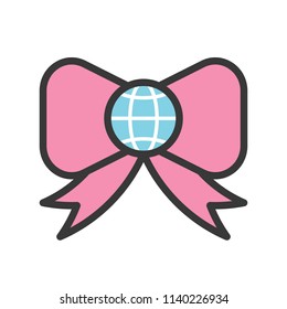 Globe or planet earth on bow tie icon, filled line flat design