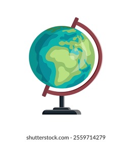 Globe of the planet Earth on a stand with a red and black base. A vector image of a globe in green and blue on a white isolated background. School supplies, school equipment, study guide,education.