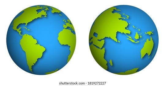 Globe, planeta Tierra. Icono de hemisferios de tierra realista en color verde azul. Cartografía y viajes. Vector aislado sobre fondo blanco