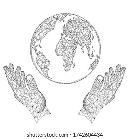 Globe, Planet Erde und zwei Halterungen, die Hände vor abstrakten futuristischen polygonalen schwarzen Linien und Punkten schützen. Vector-Abbildung.