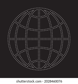 Icono de Planeta de globo. Ilustración del mapa de la Tierra, elemento aislado. Línea de contorno del guión blanco. Fondo negro. Vector