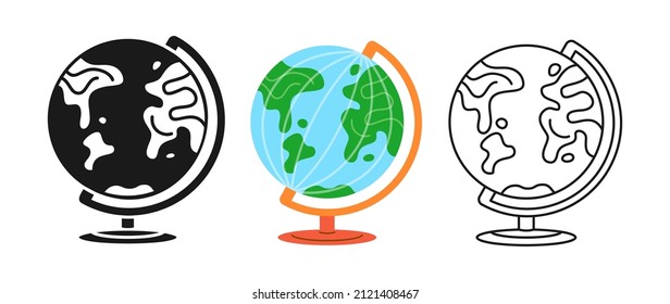 Globe planet icon hand drawn cartoon set. Earth sign, Back to School learning doodle symbol or stamp. Education student concept object. Study equipment subject geography clipart vector