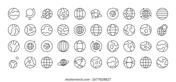 Globe and Planet Line Icon Collection (Coleção de ícones da linha globo e planeta). Outline Signs para Gráficos e Web Design, Apps, Anúncios, Vários Cartões 