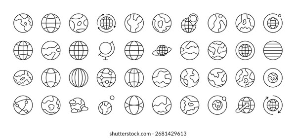 Globe e Planet Line Icon Pack. Outline Signs para Gráficos e Web Design, Apps, Anúncios, Vários Cartões 