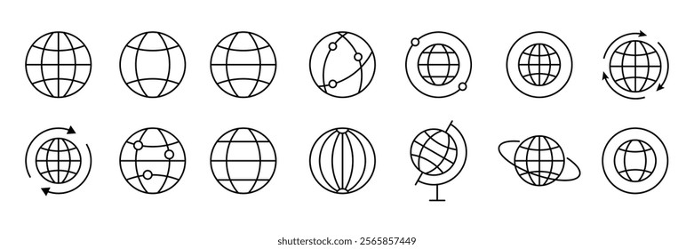 Globe and planet line icons set. Minimalistic Linear Pictogram for Design, Vector Earth global country map planet line icon isolated on white background.