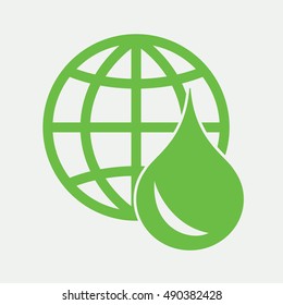globe planet network water drop oil bio eco icon simple green on white background