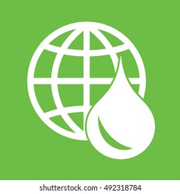 globe planet network water drop oil bio eco icon simple white on green background