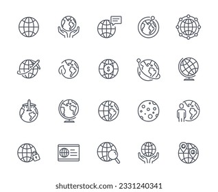 Conjunto de iconos de esquema de globo y planeta. Viajes y turismo, vuelos. Importación y exportación. La globalización y el comercio internacional. Colección lineal vectorial aislada en fondo blanco