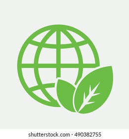 globe planet plant leaf sprout  bio eco icon simple green on white background