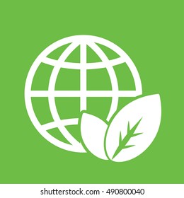 globe planet plant leaf sprout  bio eco icon simple white on green background