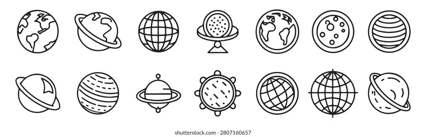 globe and planet related black pcs icons set isolated