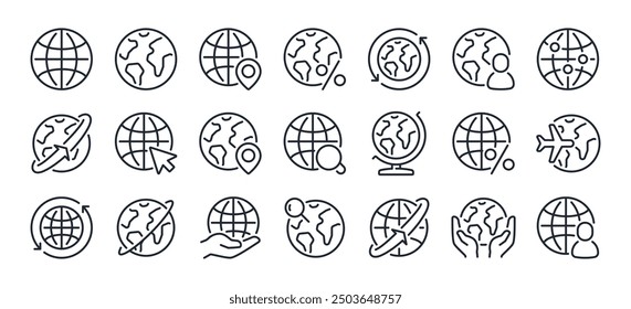 Globo y planeta relacionados con iconos de contorno de trazo editable conjunto aislado en Ilustración vectorial plana de fondo blanco. Píxel perfecto. 64 x 64