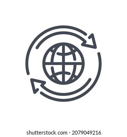 Icono de línea de rotación de globo y planeta. Planeta con flechas giratorias símbolo de contorno vectorial.