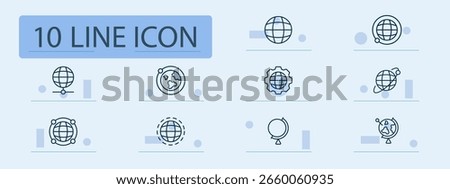 Globe and planet set icon. Earth grid, network, spinning globe, orbit, gear, dotted boundary, flat map used in global, location, planetary, internet, international topics