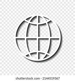 Globe, planet simple icon. Flat desing. White with shadow on transparent grid.ai