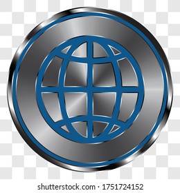 Globe, planet simple icon on metal round button. Transparent grid