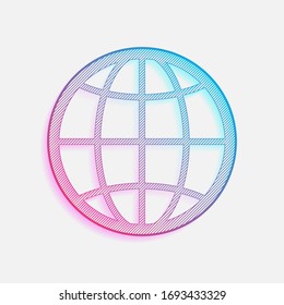 globe, planet. simple silhouette. Colored logo with diagonal lines and blue-red gradient. Neon graphic, light effect