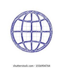 globe, planet. simple silhouette. Hand drawn sketched picture with scribble fill. Blue ink. Doodle on white background