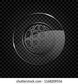 globe, planet. simple silhouette. Icon in circle glass bubble on dark transparent grid. Glass style