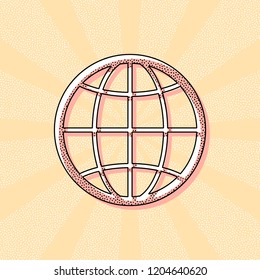 globe, planet. simple silhouette. Vintage retro typography with offset printing effect. Dots poster with comics pop art background
