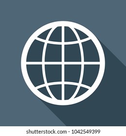 globe, planet. simple silhouette. White flat icon with long shadow on background