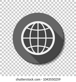 globe, planet. simple silhouette. White flat icon with long shadow in circle on transparent background