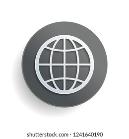 globe, planet. simple silhouette. White paper symbol on gray round button with shadow