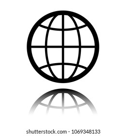 globe, planet. simple silhouette.Black icon with mirror reflection on white background