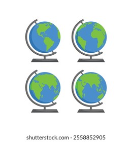 Globe planet vector set. Cartoon world globe with stand 2d vector icon on white background. Globe of planet Earth for concept of kids learning or world traveling.