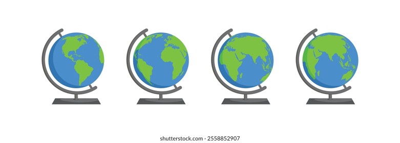Globe planet vector set. Cartoon world globe with stand 2d vector icon on white background. Globe of planet Earth for concept of kids learning or world traveling.