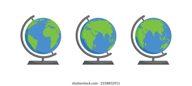 Globe planet vector set. Cartoon world globe with stand 2d vector icon on white background. Globe of planet Earth for concept of kids learning or world traveling.