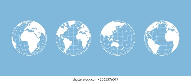 Globe planet vector set. Earth continents silhouette. World globe maps set. Earth globe icons vector illustration.