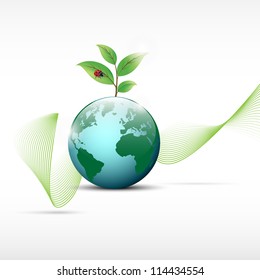 Globe with plant and ladybug on top with abstract lines in background.