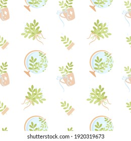 Globe, plants, a cup with leaves, ribbon bow, sparkles. Seamless background on an ecological theme. Vector pattern, pastel colors, scalable to any size. For wrapping paper, fabric, notebooks, covers