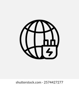 Globe and Plug icon line, free energy, ecology, renewable and green energy concept. Linear and lineart icon.