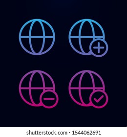 Globe, plus, check, minus sign nolan icon. Simple thin line, outline vector of web icons for ui and ux, website or mobile application