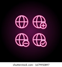 Globe, plus, check, minus sign neon icon. Simple thin line, outline vector of web icons for ui and ux, website or mobile application