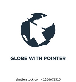 Globe with Pointer icon. Black filled vector illustration. Globe with Pointer symbol on white background. Can be used in web and mobile.