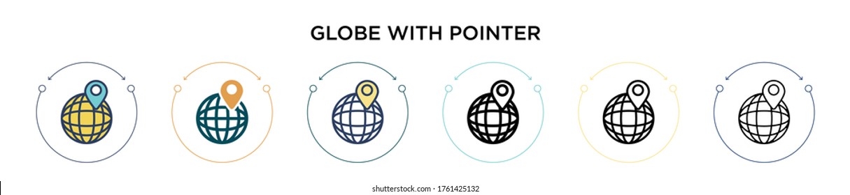 Globe with pointer icon in filled, thin line, outline and stroke style. Vector illustration of two colored and black globe with pointer vector icons designs can be used for mobile, ui, web