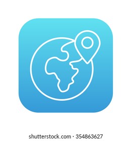 Globe with pointer line icon for web, mobile and infographics. Vector white icon on the blue gradient square with rounded corners isolated on white background.